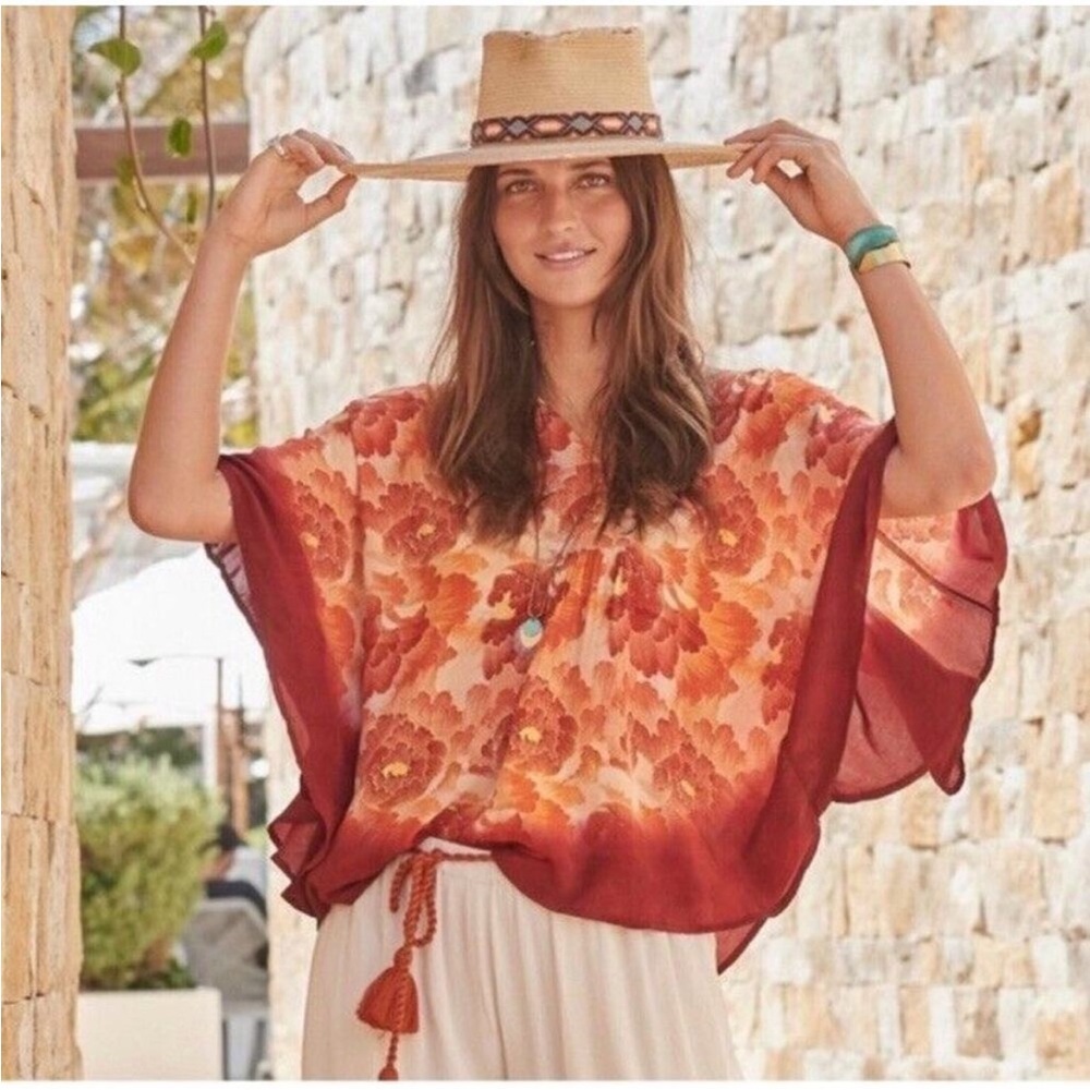 Sundance Sunrise Garden Boho Floral Kimono Style Flutter Sleeve Oversized Blouse